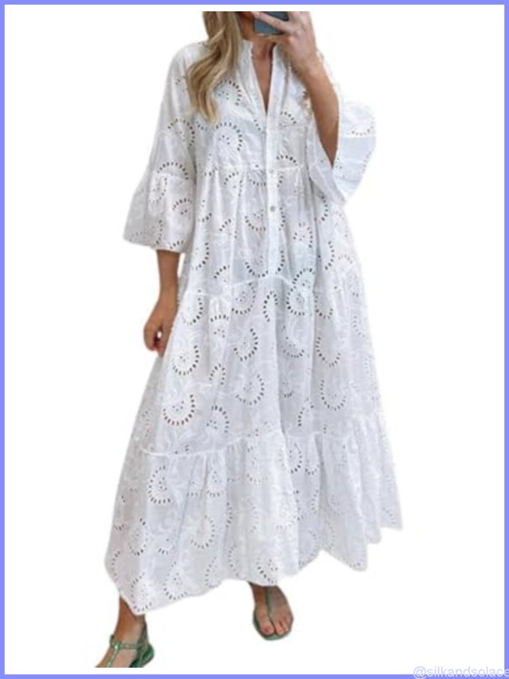 Women's Lace Eyelet Maxi Dress V-Neck Trumpet Sleeve Boho Flowy Swing Dress